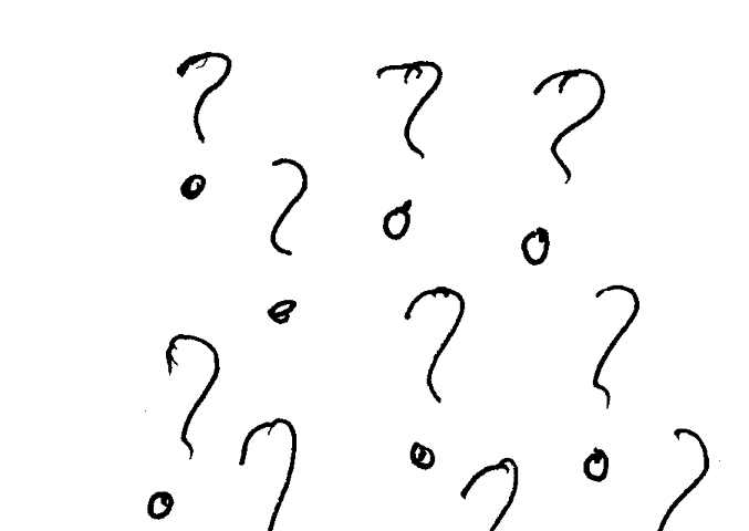 A hand drawn image of question marks by the author