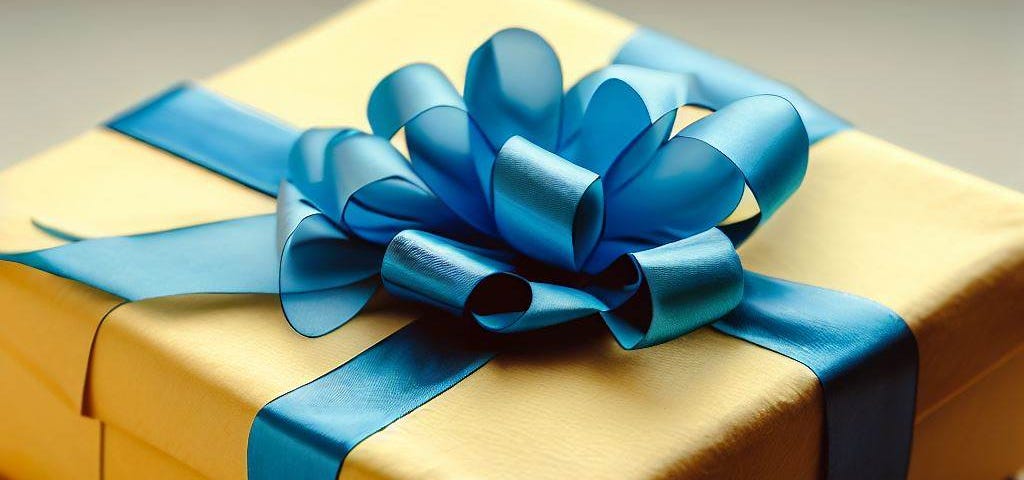 A yellow gift box with a blue ribbon