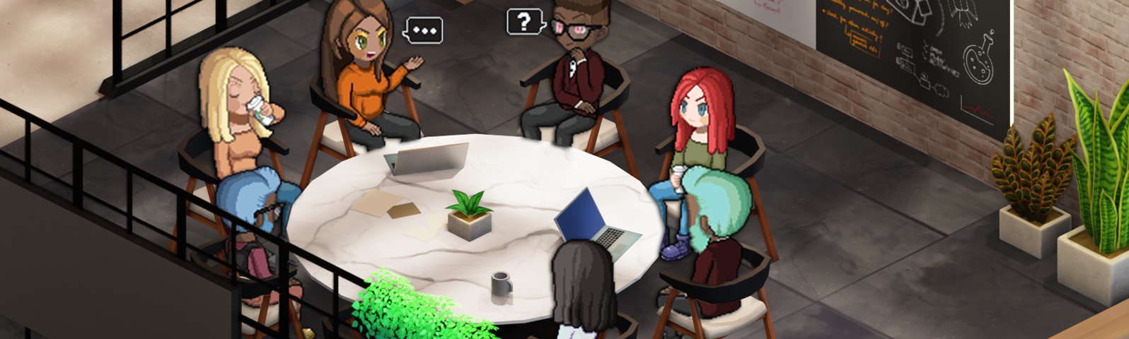 A group of avatars interacting at a conference table in a virtual office in SoWork.