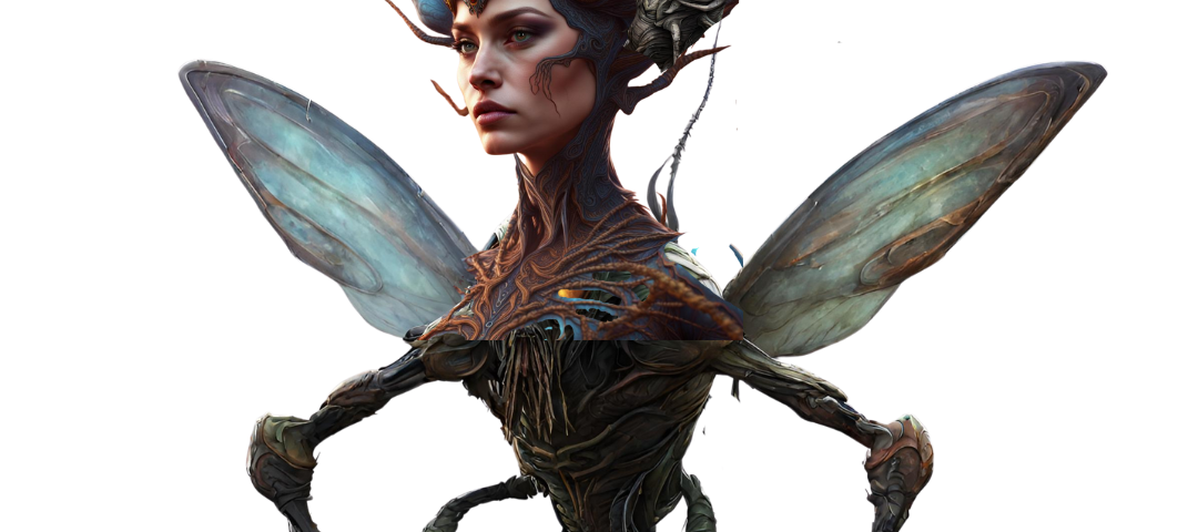 A Fairy Queen looks into the distance. She has an insectoid morphology.