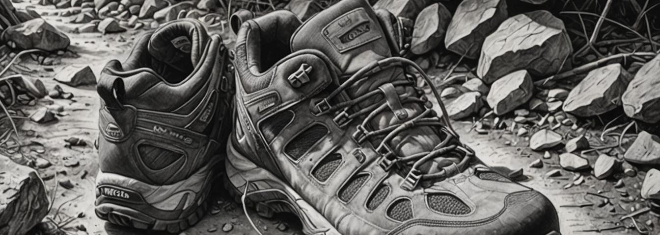 Image shows a charcoal drawing of hiking boots, set outside in nature.