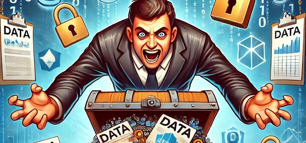 IMAGE: An illustration of a person with a greedy aspect protecting and restricting a treasure trove of data that could be potentially used for algorithm training