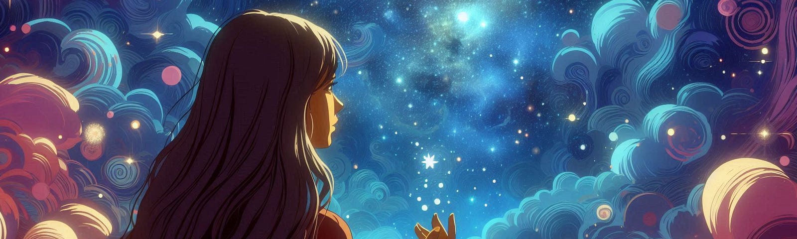 A brown girl with long black hair looking at a magical, cosmic sky