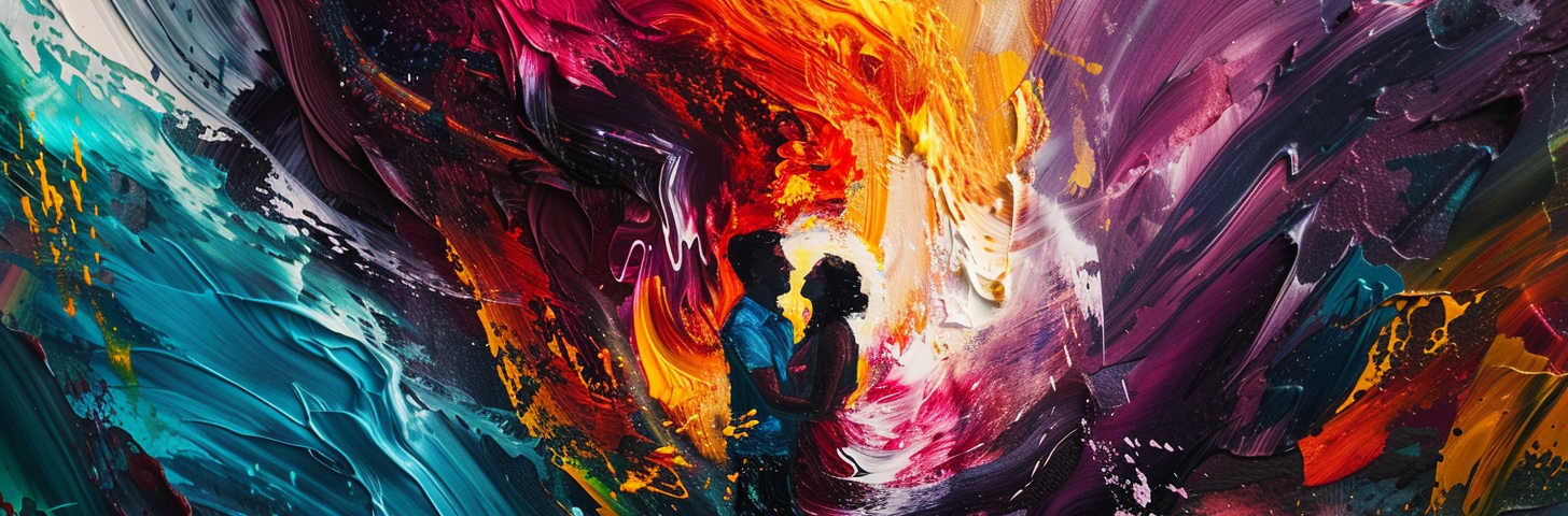 The abstract painting depicts a chaotic blend of vibrant colors, with fiery reds and oranges swirling into deep blues and purples, representing a tumultuous storm. And amid this storm there’s a couple dancing symbolizing the strength and resilience of love.
