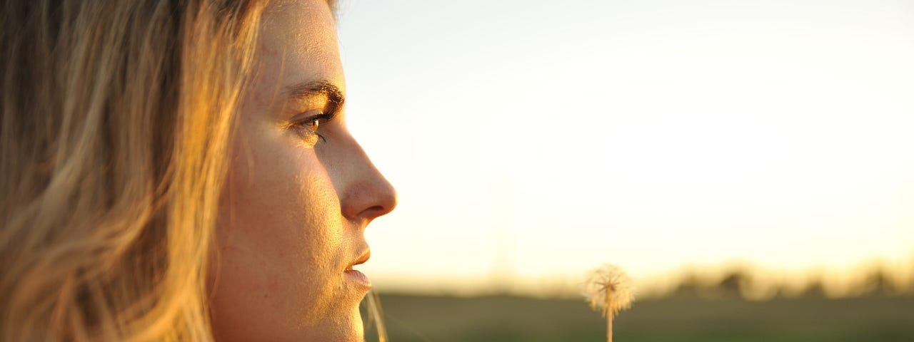 A young woman with long dark blonde hair looks thoughtfully ahead. We see only her profile and she is looking out over a path bordered by grass. In the foreground there is a dandelion gone to seed, but still intact on the long stem.