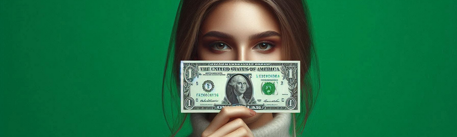 Woman holding a dollar bill in front of her face.