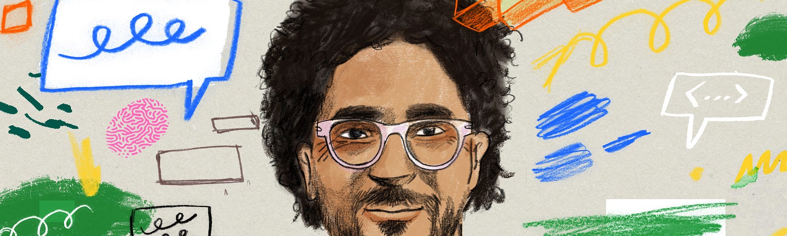 Illustrated portrait of Mark Díaz, an Afrolatino man in his early 30’s with medium-length black curly hair and a beard, wearing pink translucent glasses.