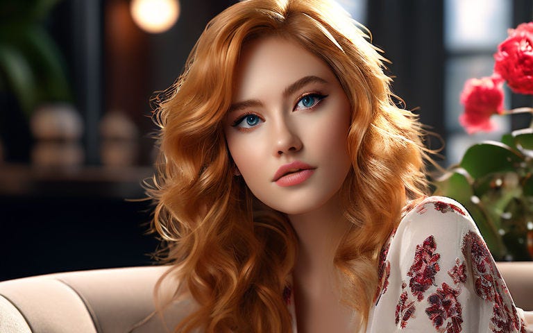 A beautiful woman, with long light-red hair, sitting in a hotel lobby, looking across the room at someone with interest.