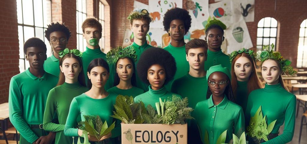 High school student group creating ecology inspired fashion. Image created using AI.