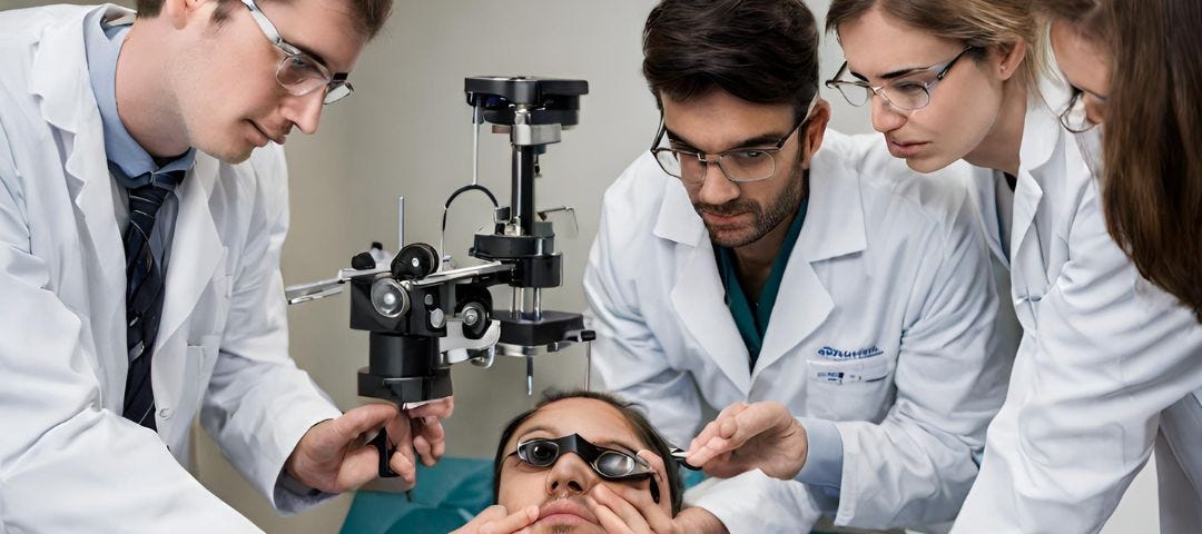 Medical students examining a patient who had suddenly lost his eyesight
