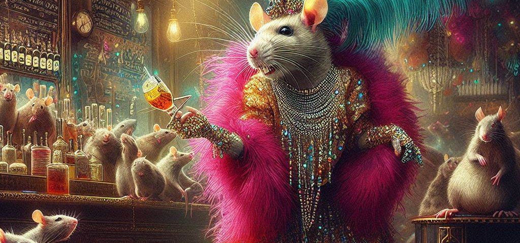 Rita the Rat dancing in a bar with beautiful feathers,