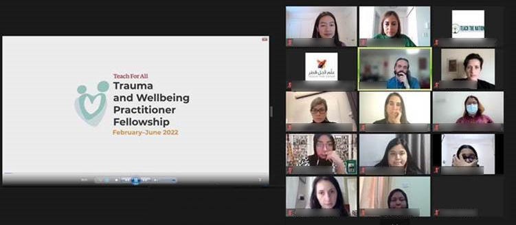 Zoom screenshot of 12 participants viewing a presentation about the Teach For All Trauma and Wellbeing Practicioner Fellowship