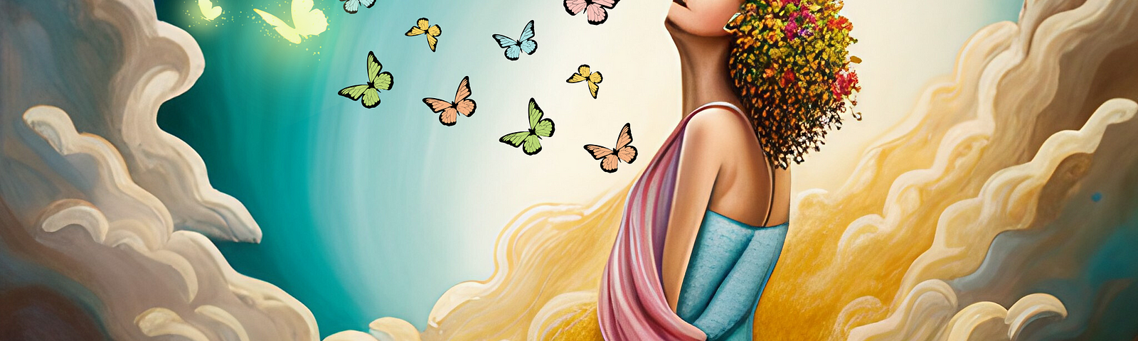 a woman with hair made of flowers standing amidst the clouds and an aqua gradient circular background. Woman is wearing a teal dress with a pink shawl. Multi-colored butterflies are emerging from her heart as she looks upward.