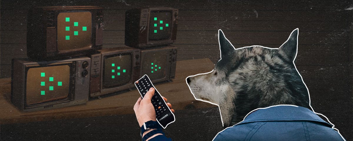 Collage illustration: a wolf in a retro, 1970s-era leisure suit points a remote control at a bank of vintage televisions while sitting on a couch. The wolf’s back is to the viewer.