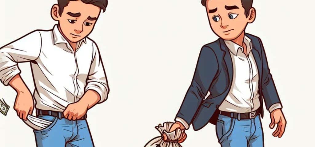 Two men — one emptying his pocket of money and the other carrying bags of money