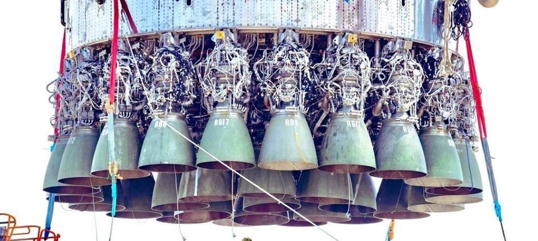 Superheavy Raptor Engines being craned into position