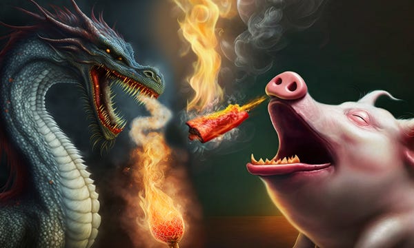A dragon and pig eating hot things.