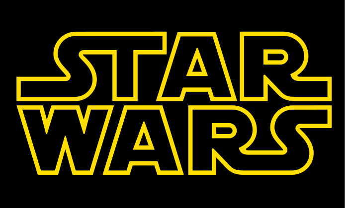 A black background with block letters outlined in yellow and filled with black spelling out “STAR WARS.”