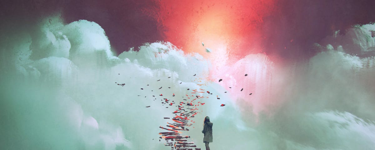 Young woman on broken stairs to the sky