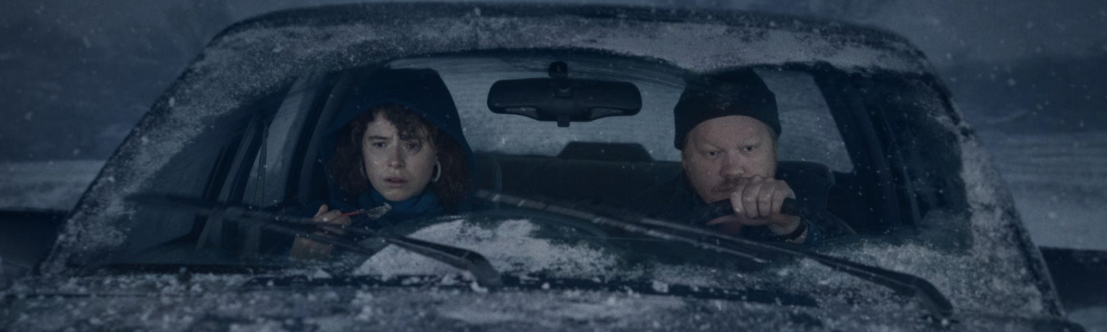 Jessie Buckley and Jesse Plemons in the car during a snowy drive in I’m Thinking of Ending Things.