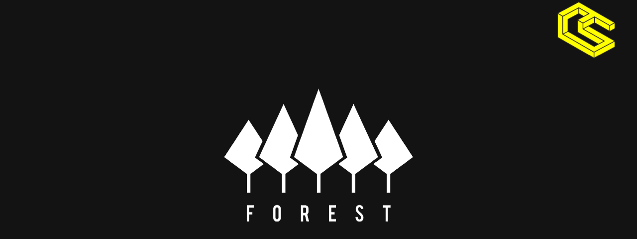 The Forest logo: five trees, subtitled with “Forest”. White image and text on a black background.