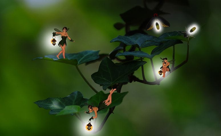 Tiny fairies and fireflies n their home, a large forest vine.