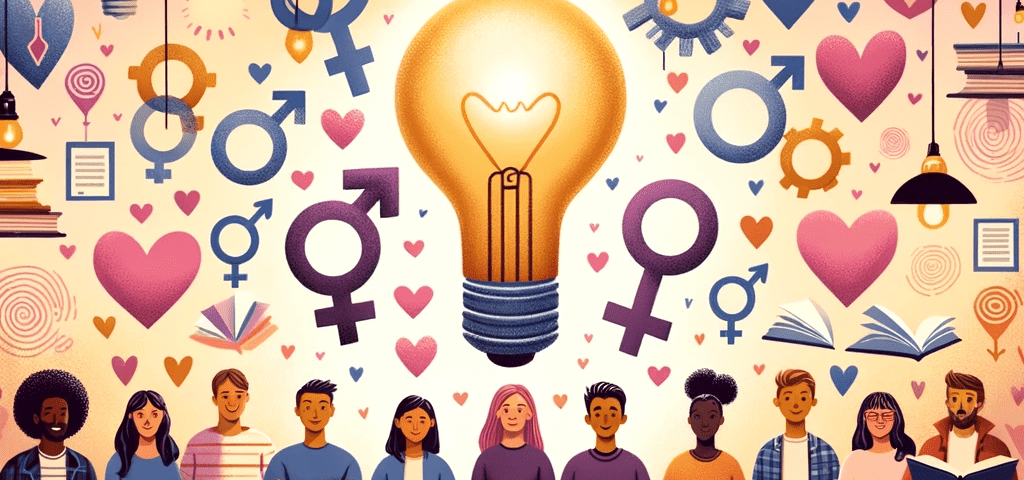 A picture of a diverse group of people holding hands. Behind them are assorted books, lights, light-bulbs and different gender symbols. Very wholesome.