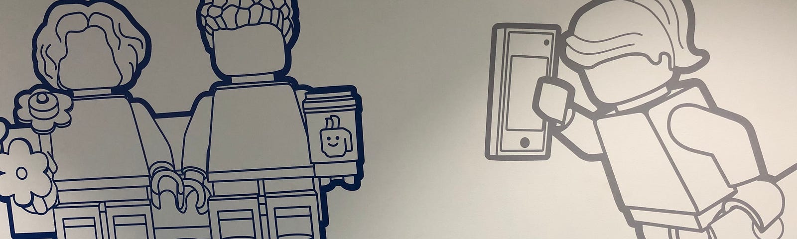 Outline of two LEGO Minifigures on a couch, one holdings flowers and the other holding a cup. Another LEGO Minifigure walking towards them holding a phone and a folder.