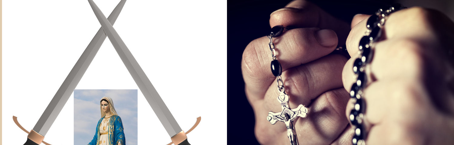On left cross swords with small picture of Mary between the blades. On right, a man holding a rosary in two clenched fists