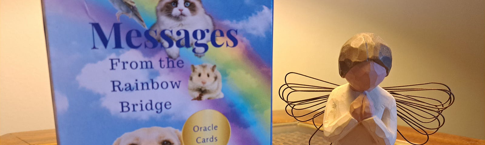 A box of oracle cards leans against a lamp on an end table with a figurine next to it of a blond haired girl with wings on her knees praying. The oracle card shows a blue sky with white cloud and a rainbow with pictures of a bird, cat, hamster, dog and rabbit. The box says: Messages From the Rainbow Bridge. Oracle Cards.