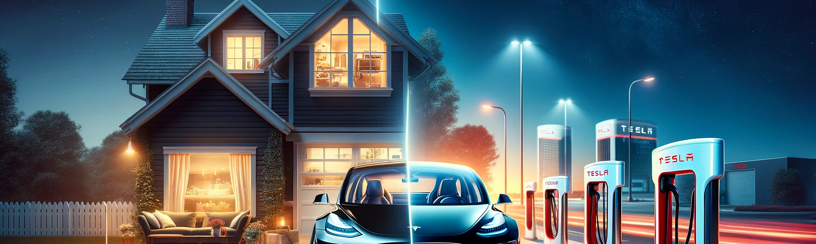 Split image divided in the middle: On the left, a black Tesla Model 3 is plugged into a home charging station at night, with a cozy house in the background and a soft glow from the windows. On the right, the same Tesla Model 3 is connected to a Tesla Supercharger during the day, with other supercharging stations in the background and a clear blue sky.