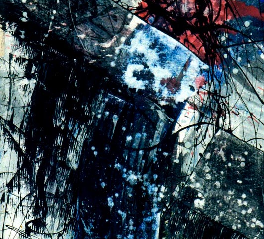 Abstract painting.Strong movement. Action painting. White, blue, black, red. When know it, you are here.