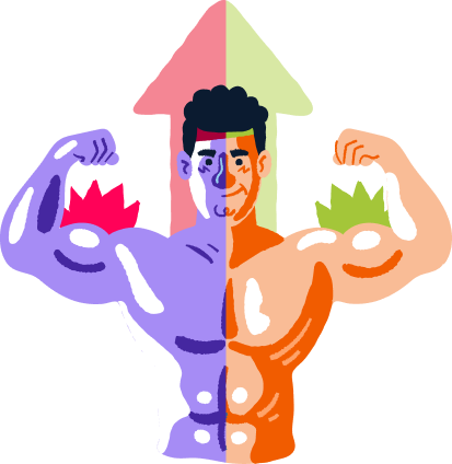 A man, coloured half in Kodular’s theme and the other half in AppyBuilder’s, showing of his well built body.
