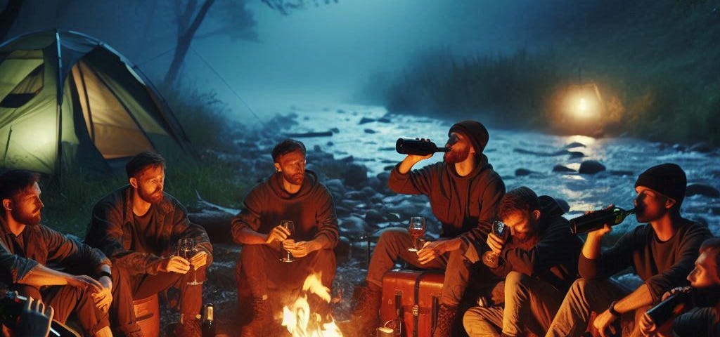 A group of adults sit around a camp fire and swig wine