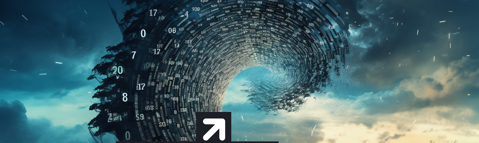 A tornado made of digital code or binary numbers sweeping up traditional elements like books, a clock, or a pen to symbolize the upheaval caused by AI and technology.