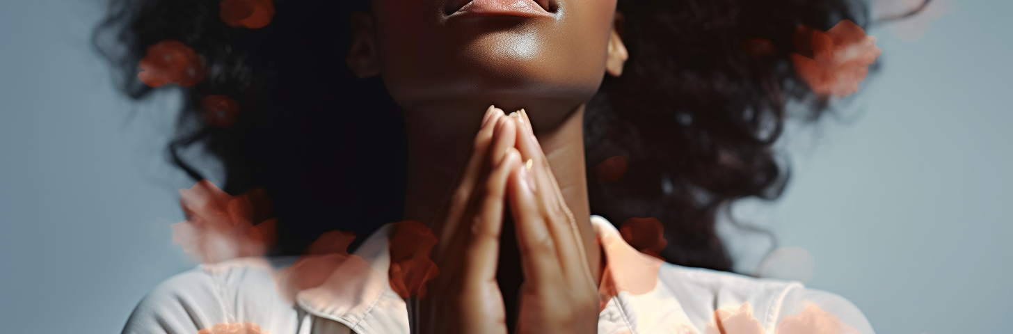 AI generated image with Midjourney; created by Author. Black woman praying. Grace be with you.