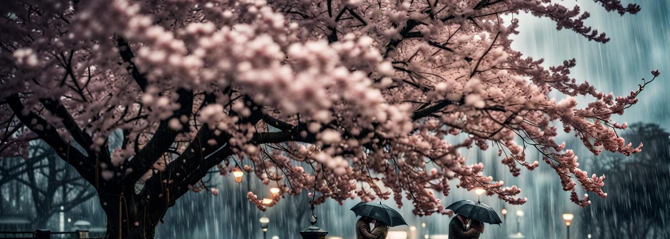 lovers beneath cherry tree, in heavy rain