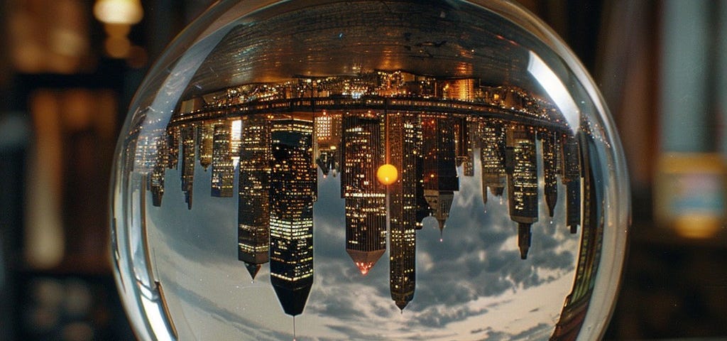 A mesmerizing view through a crystal ball showing an upside-down cityscape in brilliant detail.