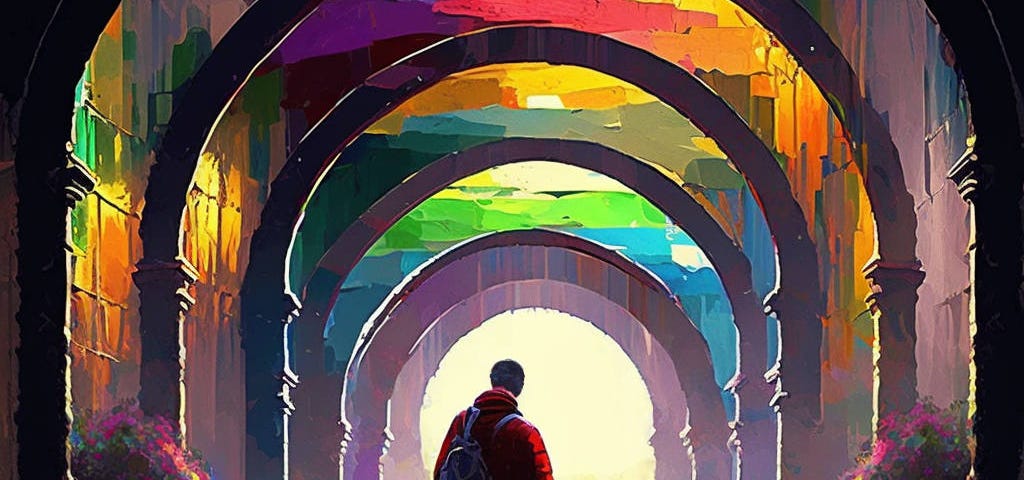 A colourful artistic rendering of a boy and his dad walking out towards an open doorway.