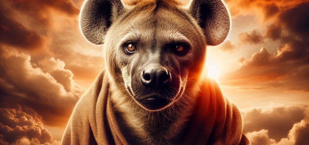 realistic image of a hyaena as nostradamus, predicting the doom of the world