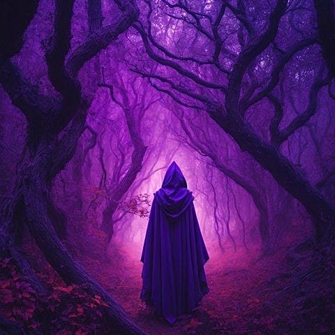 A witch heading down a dark path.