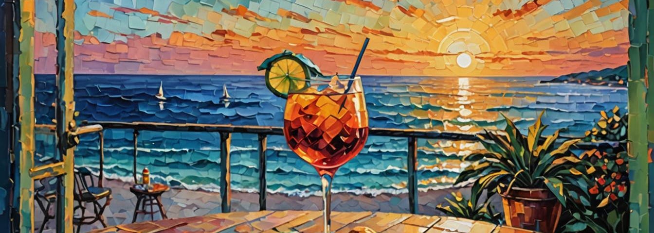 Impressionist image of a cocktail on a table overlooking the ocean and sunset.