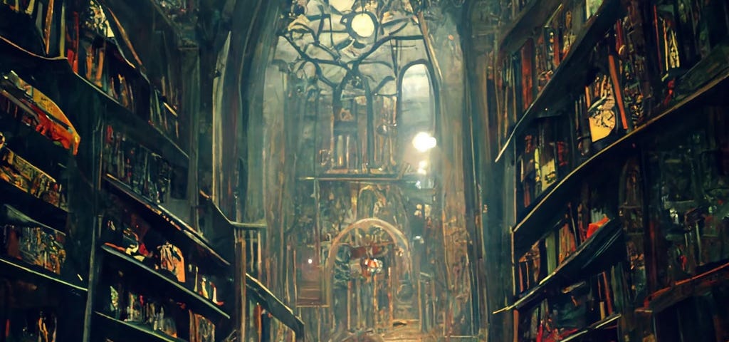 Gothic Horror Library with twisting and turning shelves and high ceilings, hiding terrible knowlegde inside.