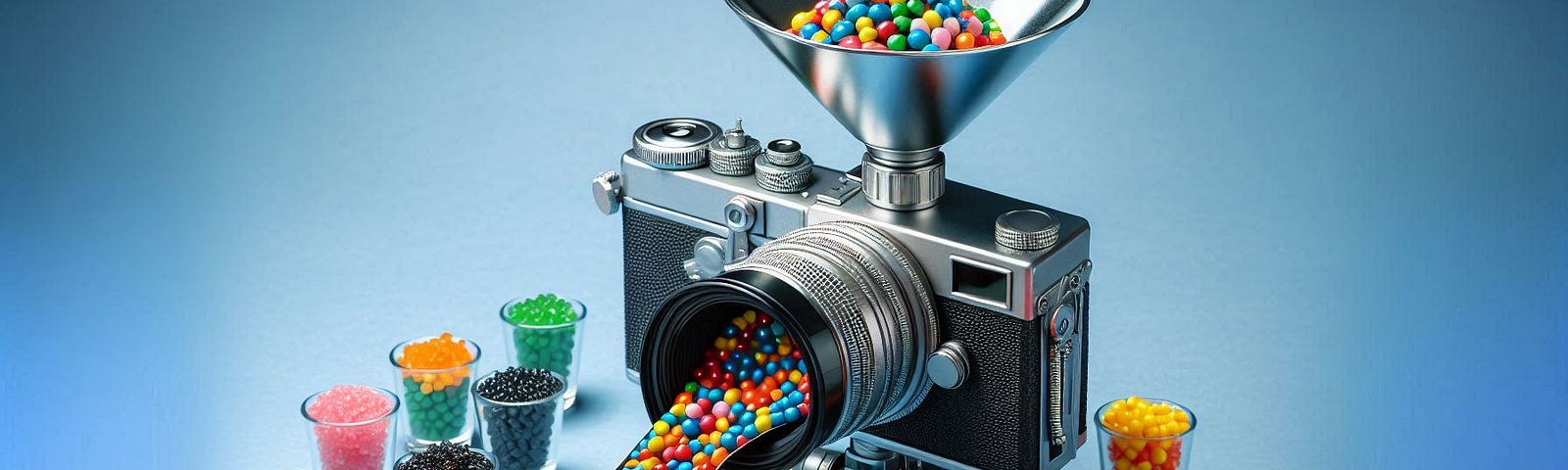 Prompt : une caméra avec un entonnoir rempli de MMS de toutes les couleurs en vrac, tenue par un robot, avec des bonbons triés par couleurs sortant de l’objectif dans des verres assortis