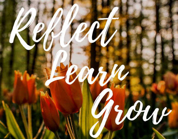Orange tulips and trees in the background with the words Reflect, Learn and Grow written across the front
