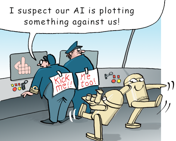 A comical illustration of AI two robots kicking two console operators because, unknown to them, they have signs taped to their backs saying “Kick me!!” The Console Operators think that AI is plotting something against them.