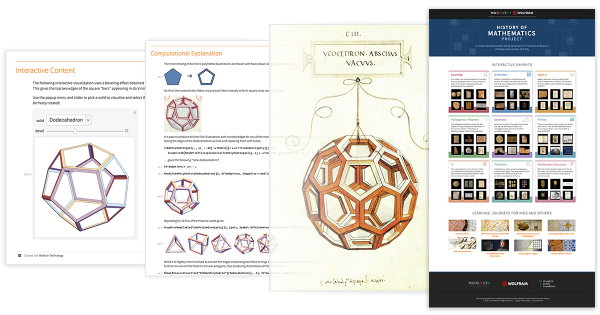Various screens showing mathematical diagrams as well as the History of Mathematics website