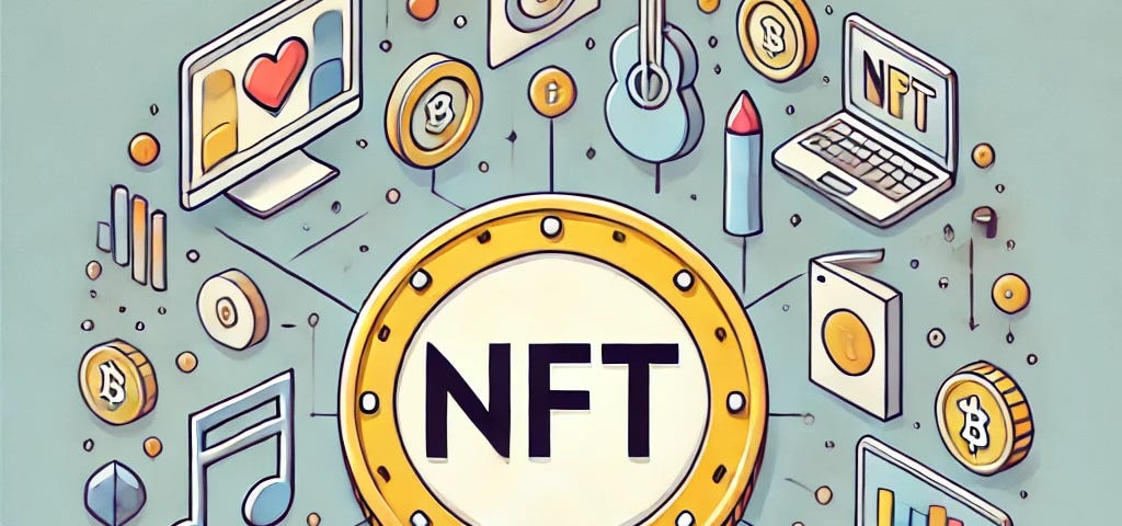 A modern illustration of a digital token or coin with the letters “NFT” prominently displayed in the center. Surrounding the token are various digital assets, including a piece of digital art, music notes, and a piece of virtual land, all interconnected by a blockchain grid. The design is clean and sleek, highlighting the unique and non-fungible nature of NFTs and their significance in digital ownership.