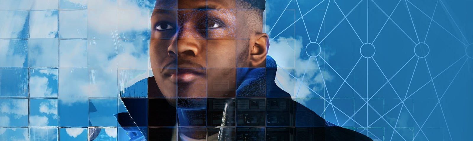 This image shows a young black man wearing a black coat staring past the camera in front of a blue cloudy sky. The scene is refracted in different ways by a fragmented glass grid. This grid is a visual metaphor for the way that new artificial intelligence (AI) and machine learning technologies can be used to extract and analyse behavioural and demographic data in innovative ways.
