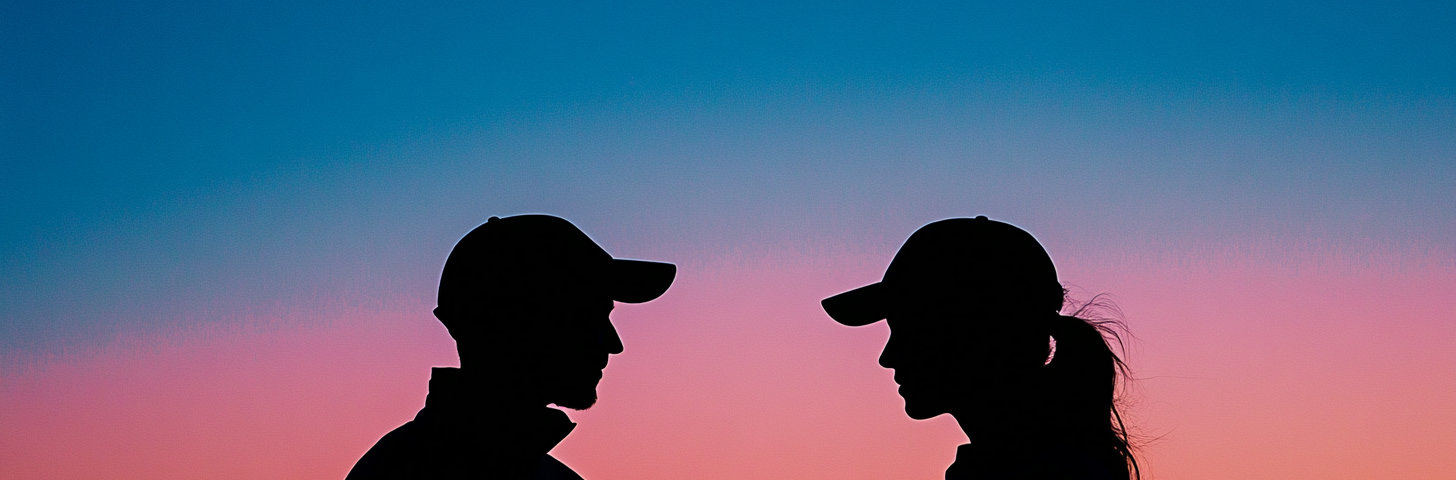 two people as silhouettes talking to each other at sunset